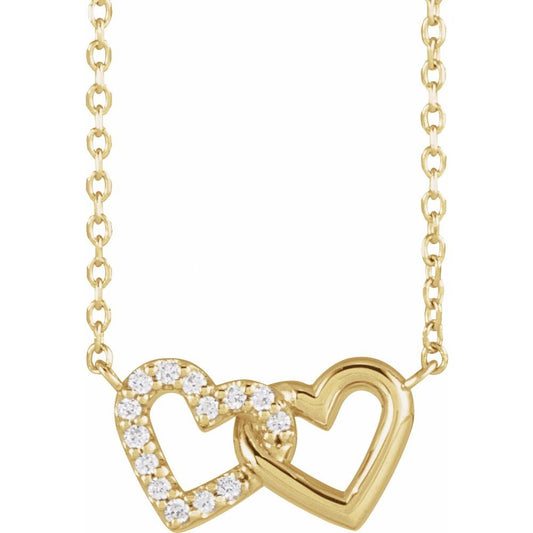 14K Yellow .05 CTW Natural Diamond Petite Double Interlocking Heart 16-18" Necklace